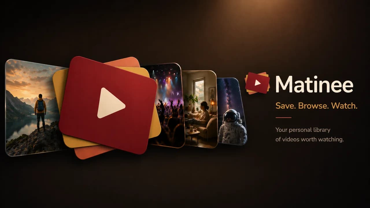 Matinee hero artwork: a fanned stack of card-shaped video thumbnails next to the Matinee logo and the tagline 'Save. Browse. Watch.'