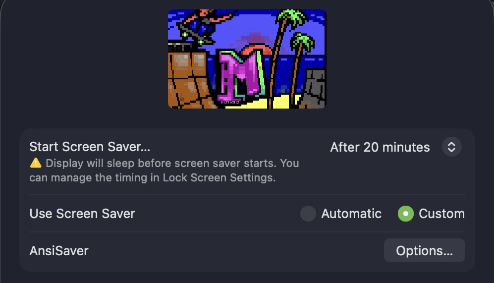 ansi-saver running, showing ANSI art rendered full screen