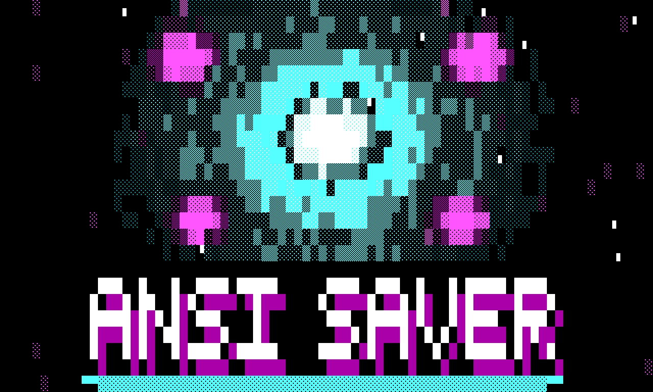 ANSI Saver TV's title card — a cyan and magenta ANSI art starburst above the app name in blocky pixel lettering